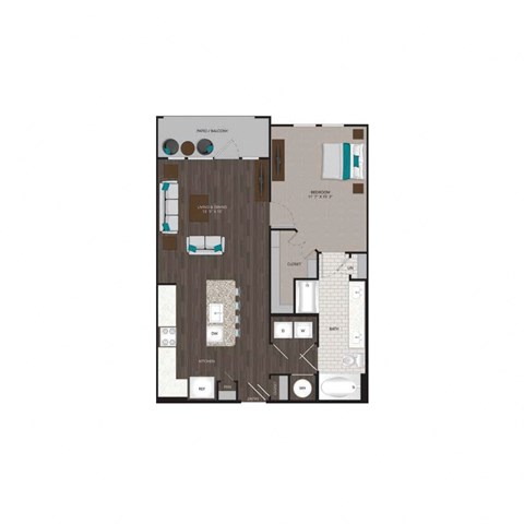 Floor plan for 1 bed, 1 bath, 829 sqft